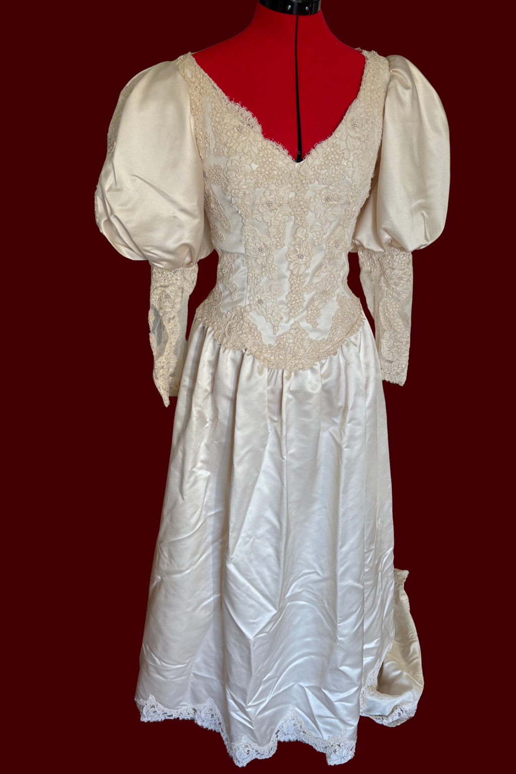 Union Made Vintage Basque Waist Wedding Dress, Cinderella Bridal Gown, Lace and Silk Wedding Dress with long train, Wedding Dress with Bows