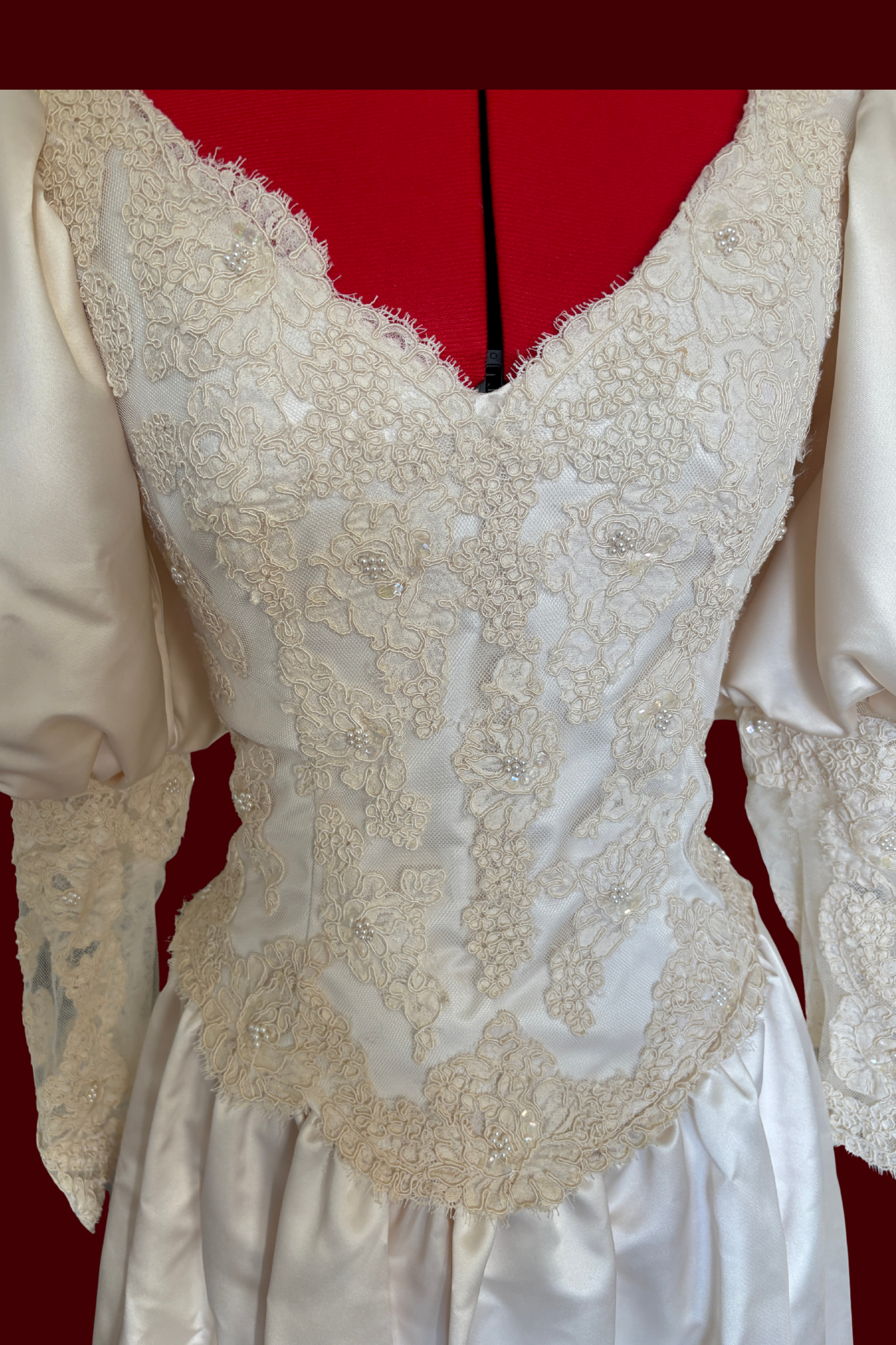 Union Made Vintage Basque Waist Wedding Dress, Cinderella Bridal Gown, Lace and Silk Wedding Dress with long train, Wedding Dress with Bows