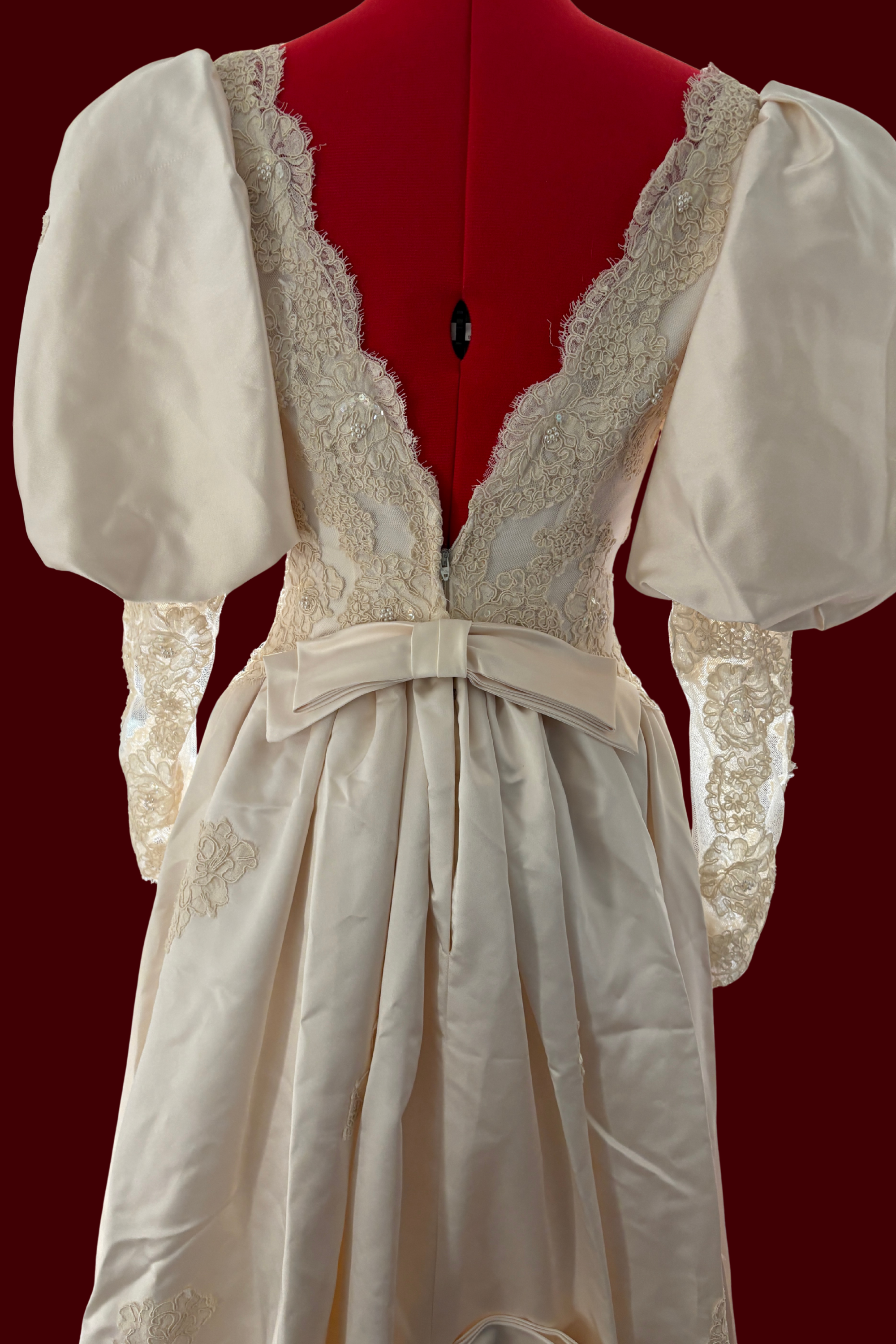 Union Made Vintage Basque Waist Wedding Dress, Cinderella Bridal Gown, Lace and Silk Wedding Dress with long train, Wedding Dress with Bows