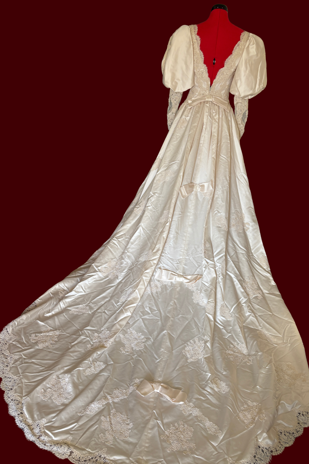 Union Made Vintage Basque Waist Wedding Dress, Cinderella Bridal Gown, Lace and Silk Wedding Dress with long train, Wedding Dress with Bows