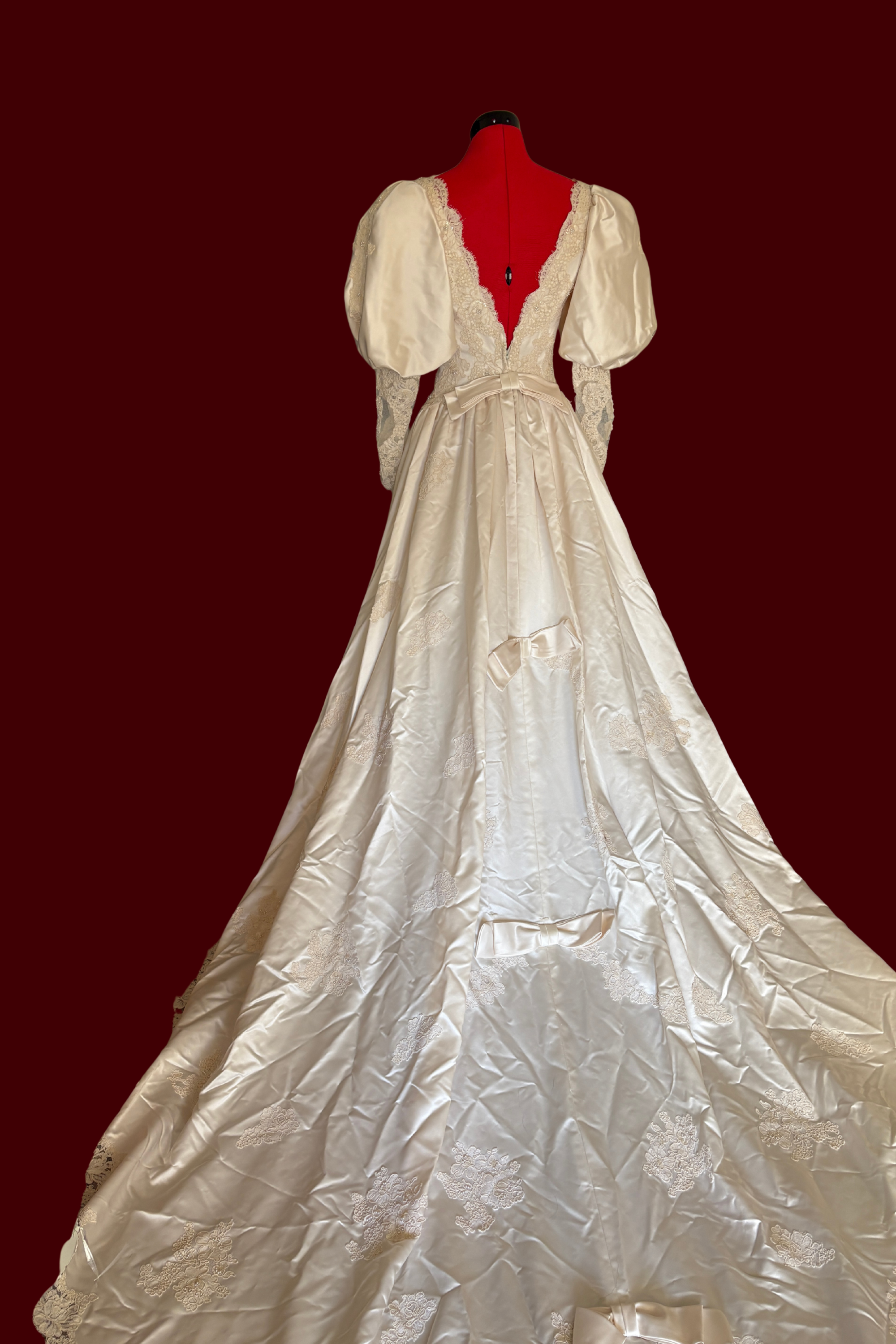 Union Made Vintage Basque Waist Wedding Dress, Cinderella Bridal Gown, Lace and Silk Wedding Dress with long train, Wedding Dress with Bows