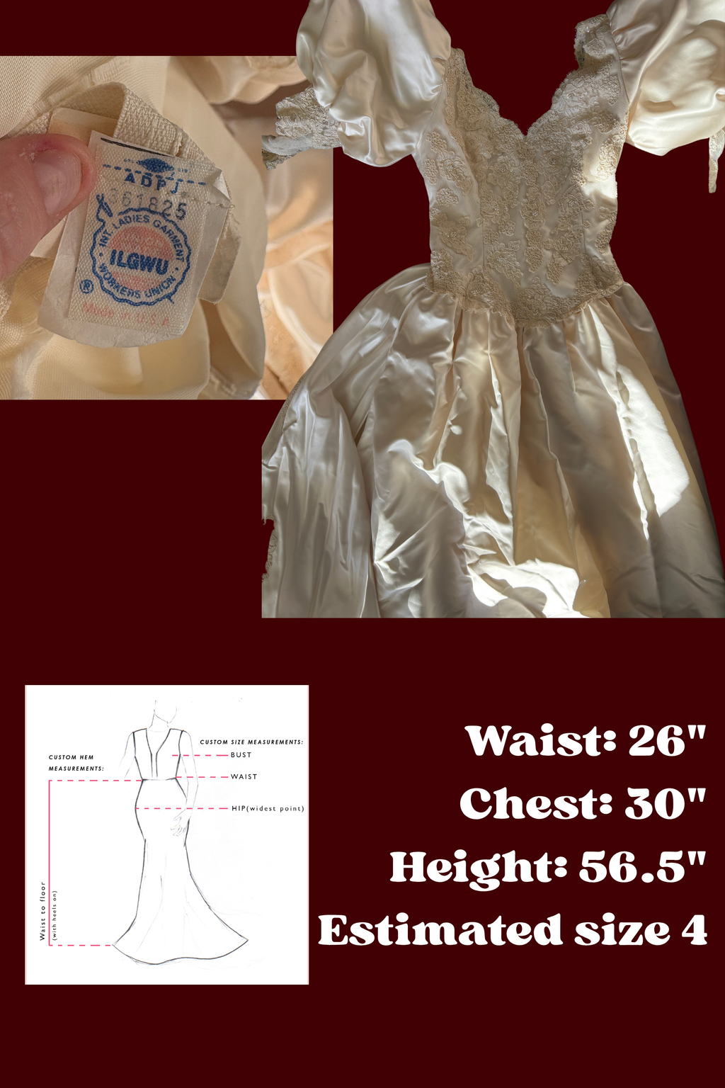 Union Made Vintage Basque Waist Wedding Dress, Cinderella Bridal Gown, Lace and Silk Wedding Dress with long train, Wedding Dress with Bows