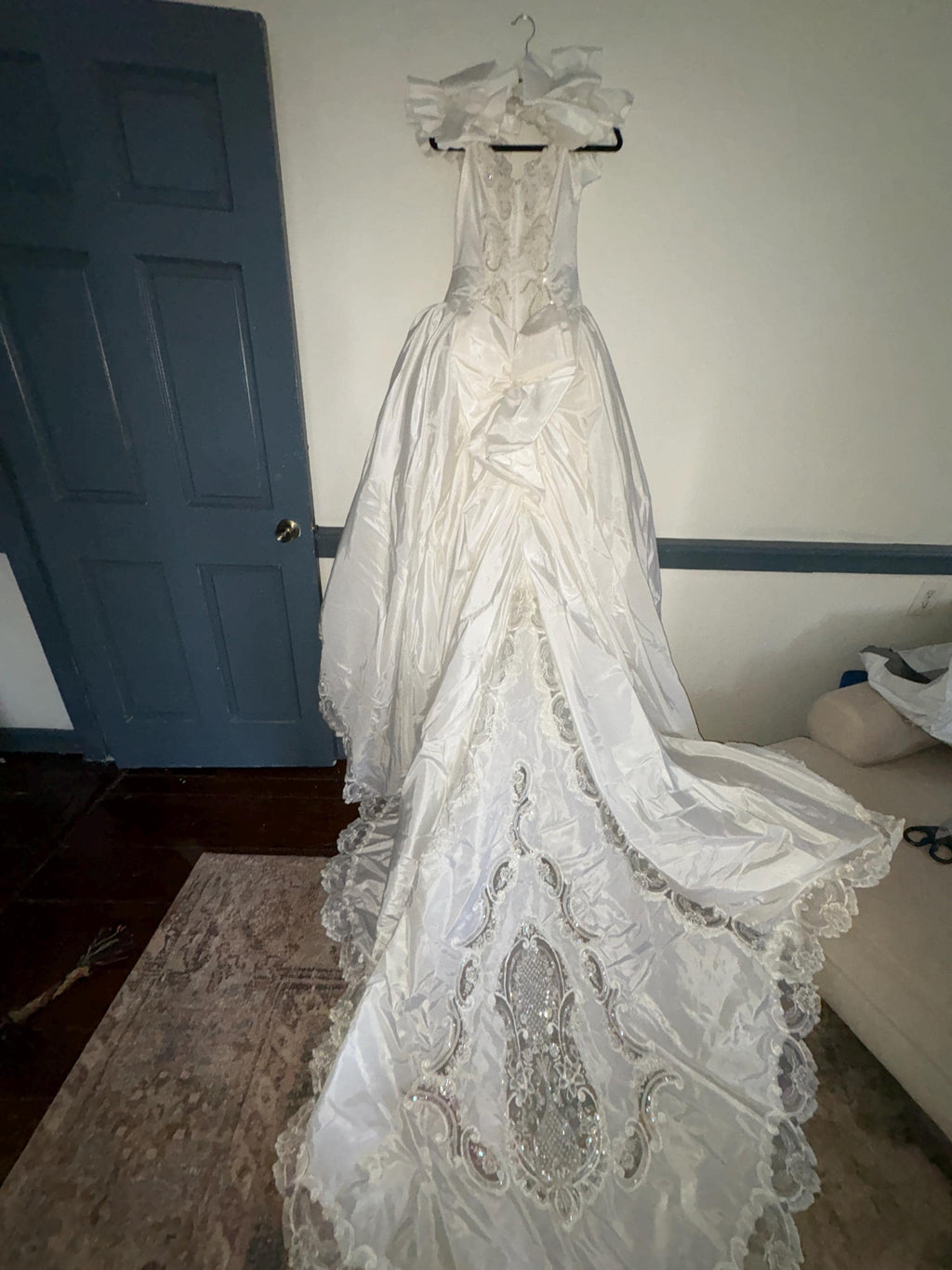 Beautiful Vintage Eve of Milady off shoulder Basque Waist Wedding Dress, Satin & Beaded Basque Waist Vintage Wedding Dress, Bridal Ballgown