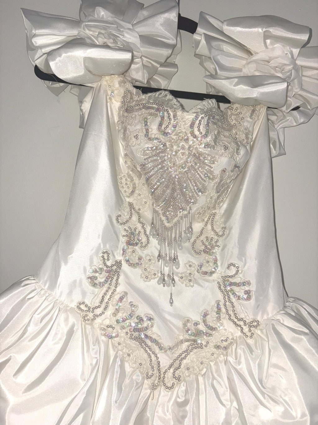 Beautiful Vintage Eve of Milady off shoulder Basque Waist Wedding Dress, Satin & Beaded Basque Waist Vintage Wedding Dress, Bridal Ballgown