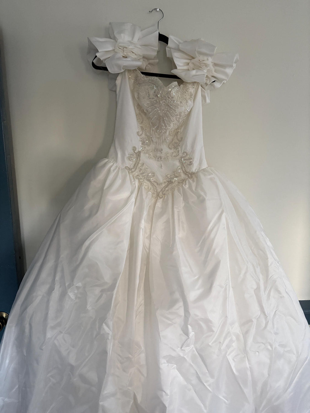 Beautiful Vintage Eve of Milady off shoulder Basque Waist Wedding Dress, Satin & Beaded Basque Waist Vintage Wedding Dress, Bridal Ballgown