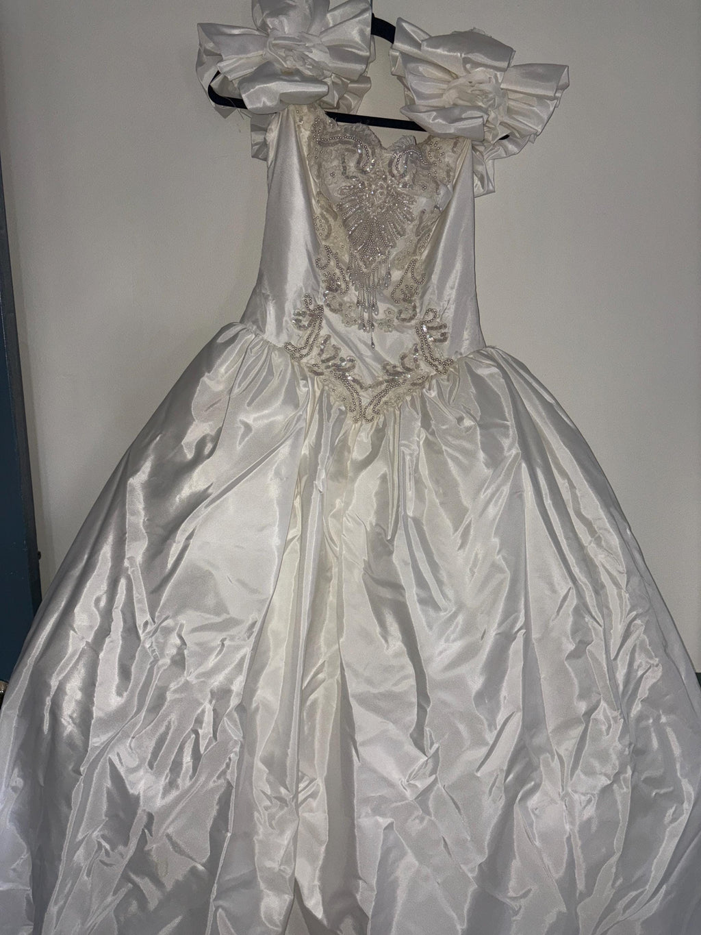 Beautiful Vintage Eve of Milady off shoulder Basque Waist Wedding Dress, Satin & Beaded Basque Waist Vintage Wedding Dress, Bridal Ballgown