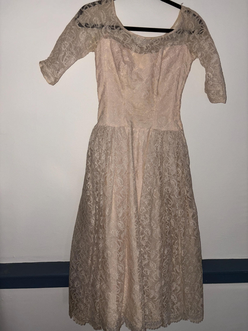 1960's Vintage Lace wedding Dress, Tea Dress Length, Vintage Champagne Wedding Dress, Vintage Bridal Gown