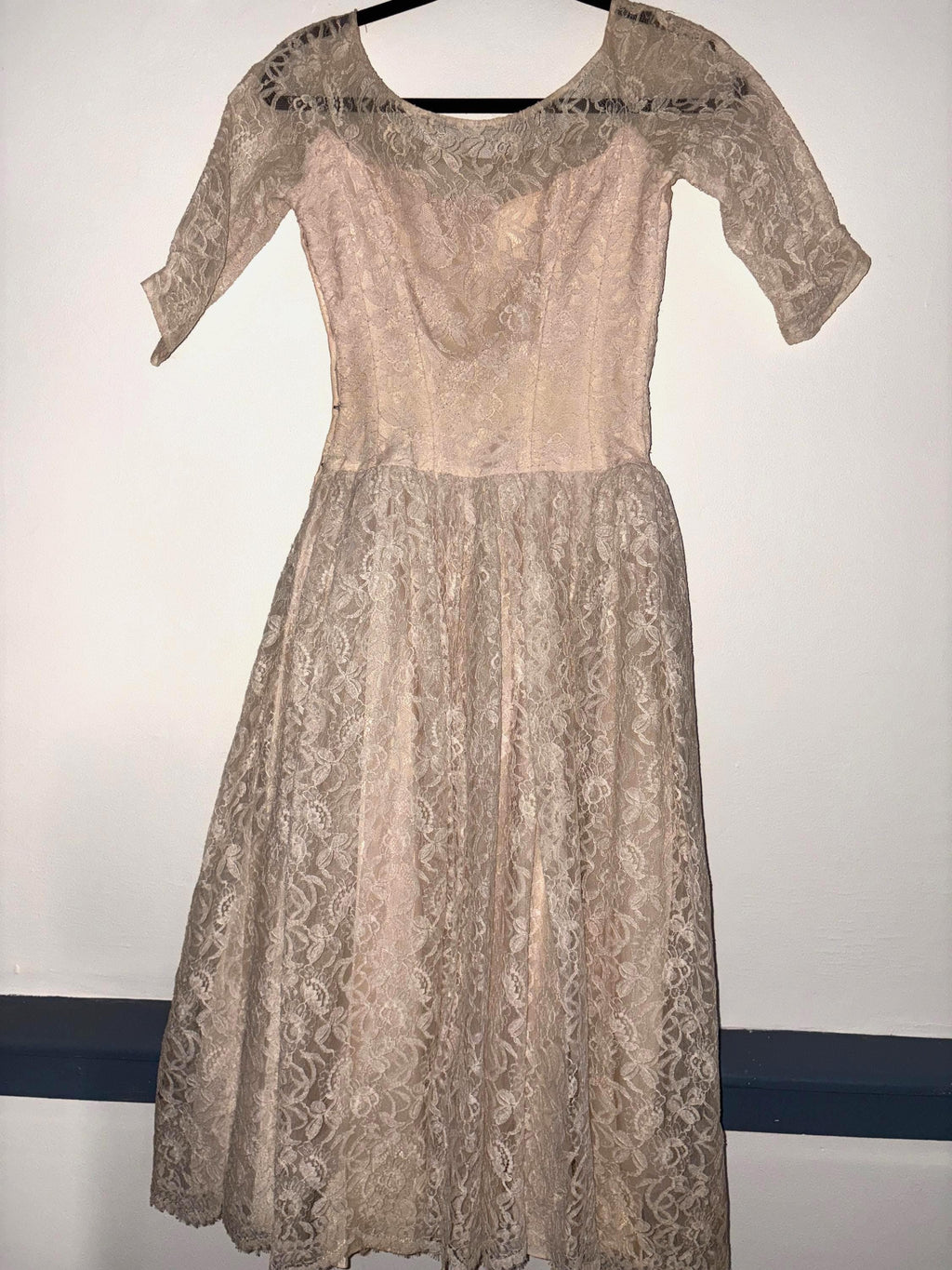 1960's Vintage Lace wedding Dress, Tea Dress Length, Vintage Champagne Wedding Dress, Vintage Bridal Gown