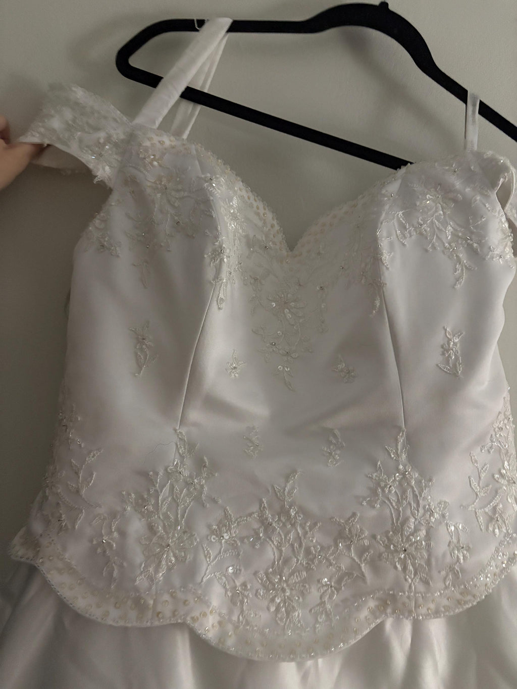 Vintage Alfred Angelo off the shoulder wedding dress with 5 ft train, Silk, Beading, and Scalloped Design Wedding Dress, Vintage Bridal Gown