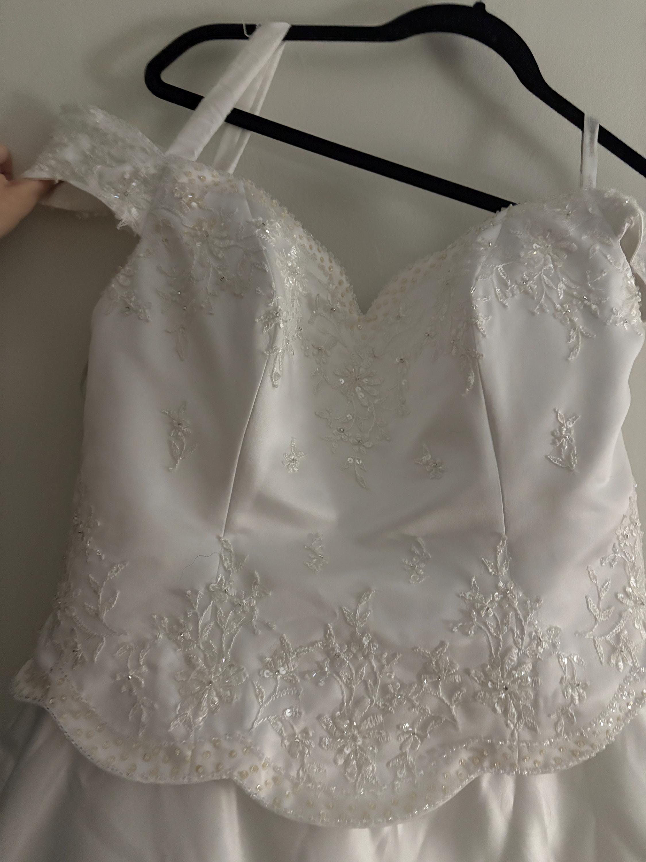 Vintage Alfred Angelo off the shoulder wedding dress with 5 ft train, Silk, Beading, and Scalloped Design Wedding Dress, Vintage Bridal Gown